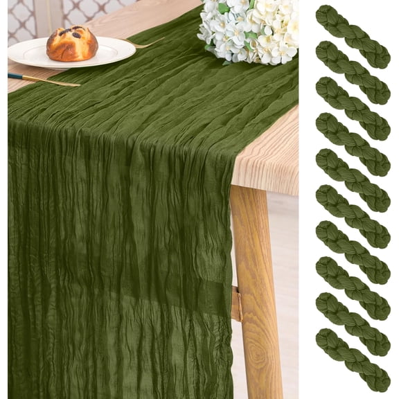 10 Pack Cheesecloth Table Runner Olive Green,10 ft Gauze Table Runner Long Semi-Sheer Rustic Boho Table Runners for Wedding,Bridal Shower,Party,Banquet Decoration(21.5 x 120 Inch)