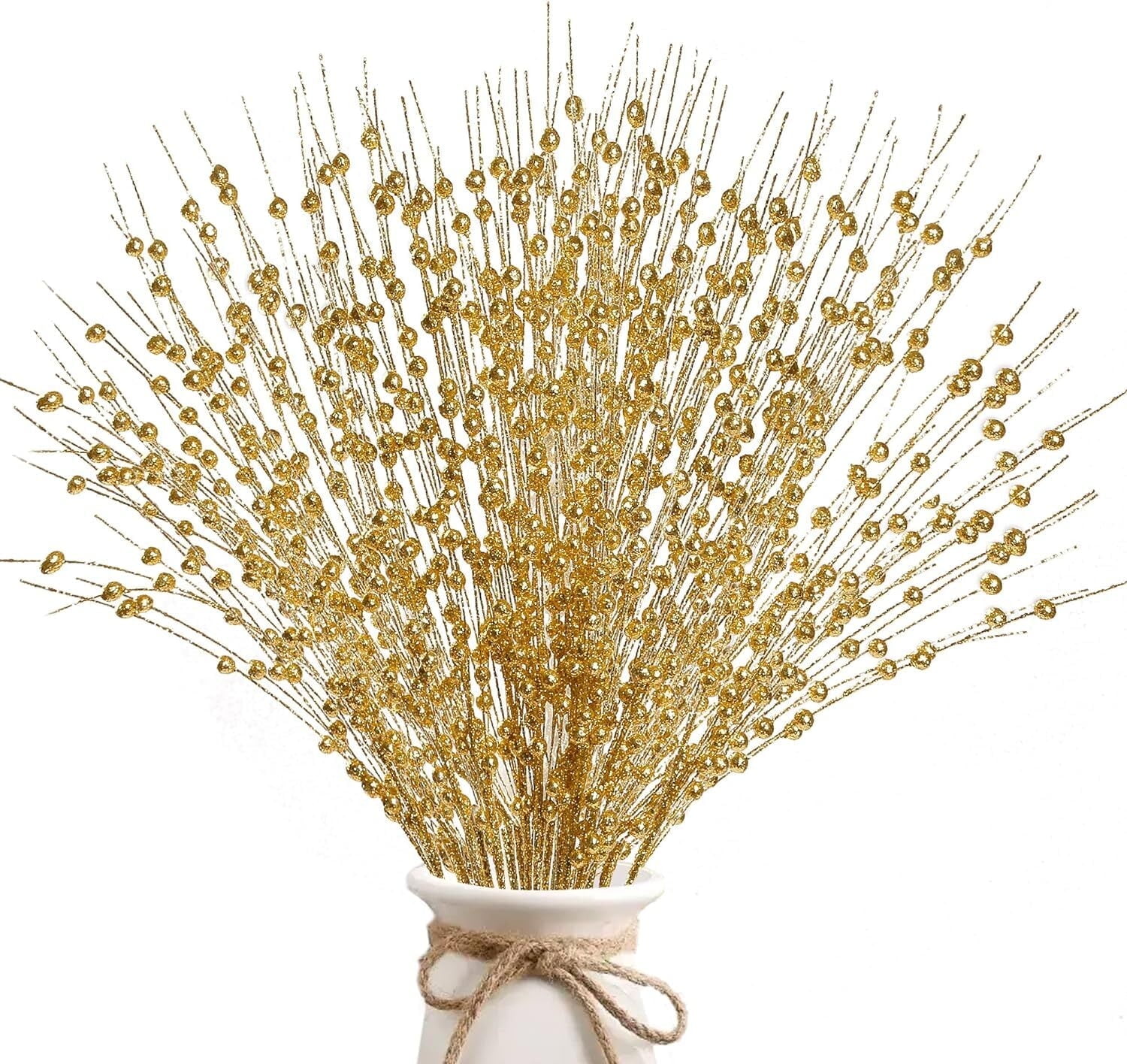 10 Pack Golden Artificial Glitter Berry Stem Ornaments 17 Inches Fake Christmas Picks Decorative Glitter Sticks for Christmas Tree DIY Wreath Crafts Gift Fireplace Holiday Home Decor