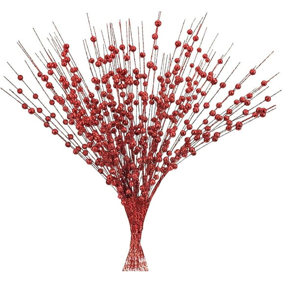10 Pack Christmas Artificial Glitter Berry Stem Ornaments, Glittery Decorative Bead Sticks, Glittery Twigs, Picks, Branches for Christmas Tree, Small Vase, Holiday, Wedding, Party Decorations
