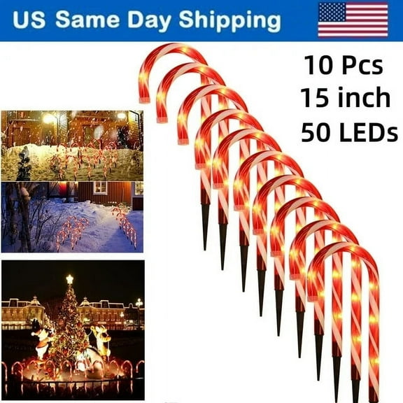 10 Pack Christmas Candy Cane Lights 15in Flickering Candy Cane Pathway Marker Outdoor Indoor Waterproof Christmas Lighting Decoration