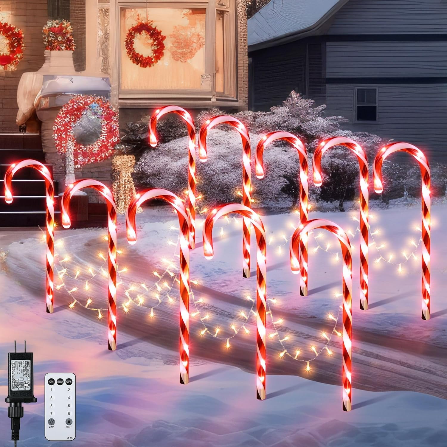 10 Pack Christmas Candy Cane Lights with Stakes, 22 Inch 8 Lighting Modes Christmas Candy Cane 