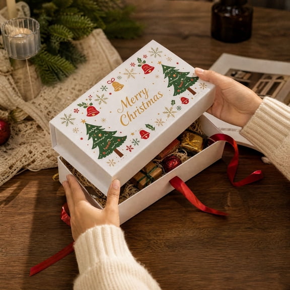10 Pack Christmas Gift Boxes with Lids, Small White Boxes with Tree Design, for Holiday Candy, Decorative Packaging Boxes