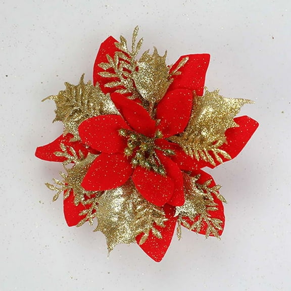 10 Pack Christmas Glitter Poinsettia Artificial Silk Flowers Picks Christmas Tree Ornaments for Gold Christmas Tree Wreaths Garland Holiday Decoration