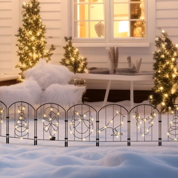 10-Pack Christmas Metal Garden Fence with Solar LED Lights - 10.5ft Decorative Outdoor Fence Panels with 5 Holiday Patterns for Yard, Lawn, and Winter Decor