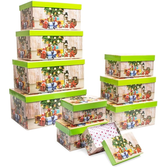 10 Pack Christmas Nesting Gift Boxes with Lids for Presents, Decorative Nested Holiday Gift Wrap (10 Sizes)