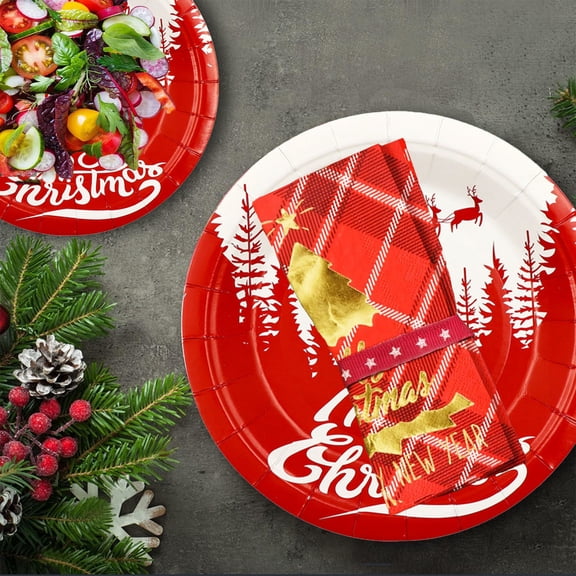 10 Pack Christmas Paper Plates 7 Inch - Disposable Holiday Party Supplies, Red Snowflake Design, Waterproof Tableware for Thanksgiving, Christmas Dinner, BBQs