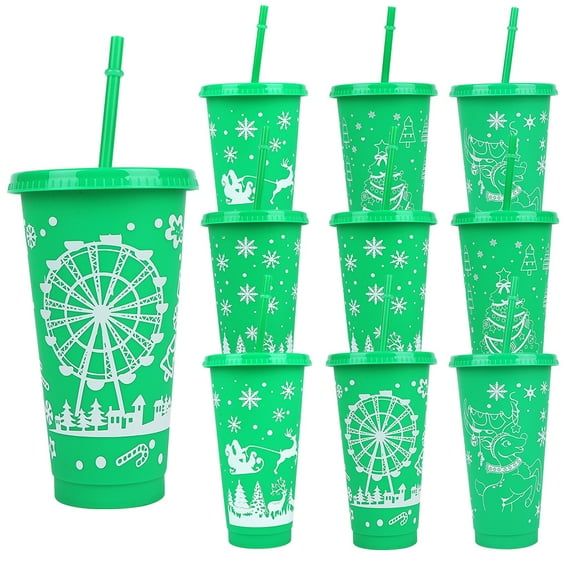 10 Pack Christmas Plastic Water Cup With Lid, Straw Cup, Party Cup - 24oz Reusable Plastic Drink Cup With Santa Claus
