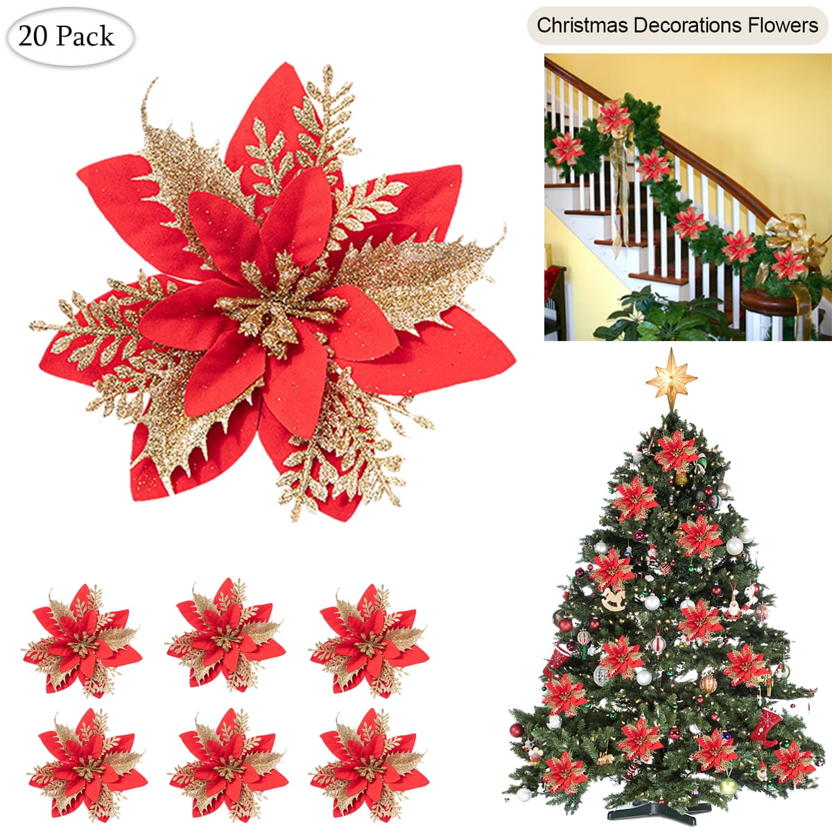 Sixtyshades 24 Pcs Poinsettia Artificial Christmas Flowers Decorations Glitter Xmas Tree Flower Ornaments (Red), Size: 6.3