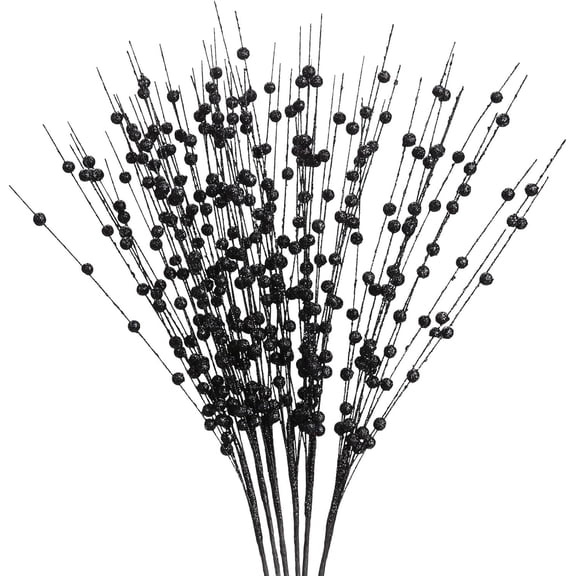 10 Pack Christmas Tree Berry Stem (Black), Decorative Bead Sticks, Glittery Twigs, Picks, Branches for Christmas Tree, Small Vase, Holiday, Wedding, Party (17 Inches, Black)