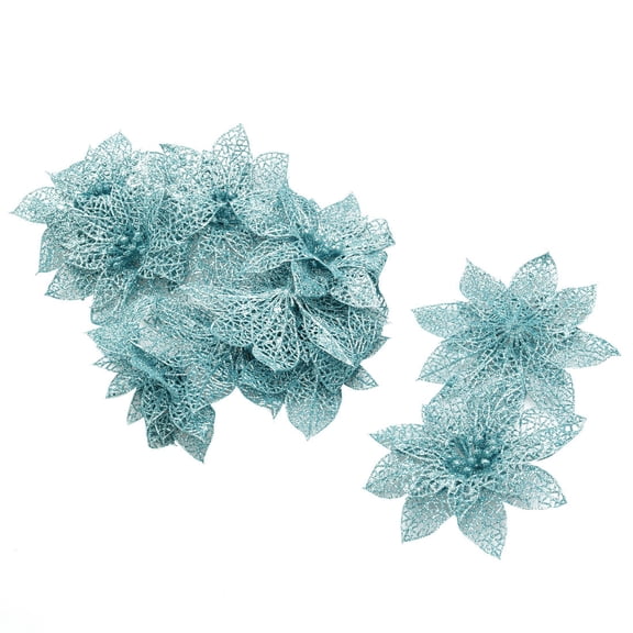 10-Pack Christmas Tree Decorative Ornaments Artificial Glitter Powder Flowers Pale Blue