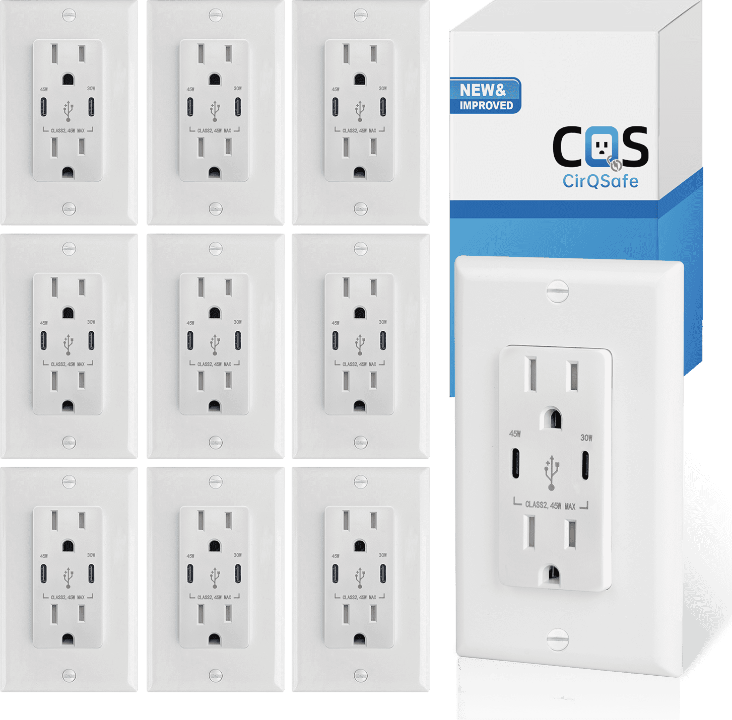 (10-Pack) CirQSafe 15A Tamper Resistant Duplex Wall Outlet with USB-C 45W PD & USB-A 30W QC Fast Charging Ports, Smart Chip, Wall Plate Included, White