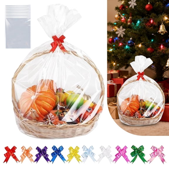 10 Pack Clear Cellophane Gift Basket Bags with Random Color Bows, 15.7x27.6 Inch Large Wrapping Bags for Fruit Baskets, Gift Hampers, DIY Craft Projects, Holiday Presents