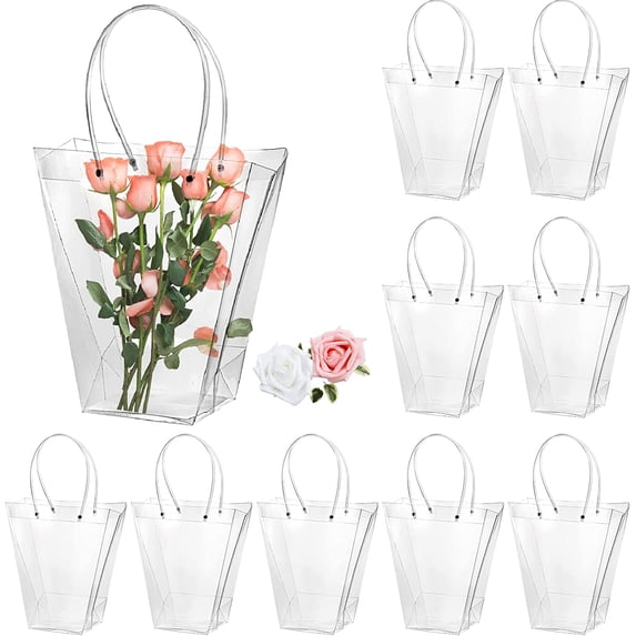 10 Pack Clear Flower Bouquet Bags, Gift Bags with Long Handles, Party Floral Packing Wrap Bag for Valentine Day, Birthdays, Mother's Day, Father’s Day, Wedding, Anniversary, Housewarming
