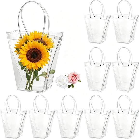 10 Pack Clear Flower Bouquet Bags, Plastic Gift Bags with Handles, Floral Wrap Bags for Mother’s Day, Valentine’s & Weddings