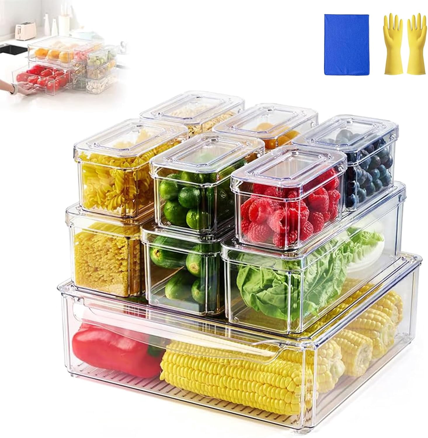 Salad Rack Organizer 10-Pack Clear Fridge Organizer Bins with Lids - Refrigerator Storage ...