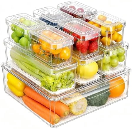 10-Pack Clear Fridge Organizer Containers with Lids, Stackable BPA-Free Refrigerator & Produce Storage Containers with Drain Tray & Anti-Slip Base for Fruits, Veggies & Drinks
