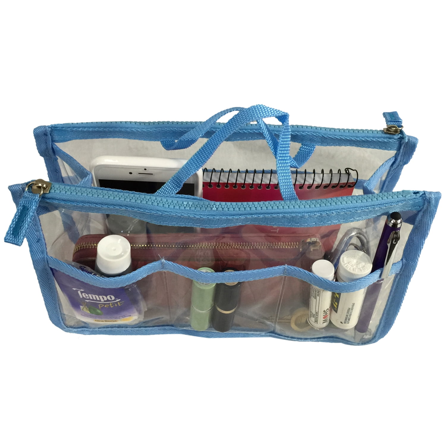 10 Pack Clear Handbag Organizer See Through Cosmetic Badget Insert Purse Organizer Transparent Travel Pouch Liner Shaving Toiletry Bag with handle, Blue