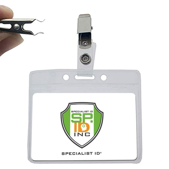 10 Pack - Clear Horizontal Name Tag Badge Holders with Clothing Friendly Alligator Strap Clips (Business Card Size) by Specialist ID