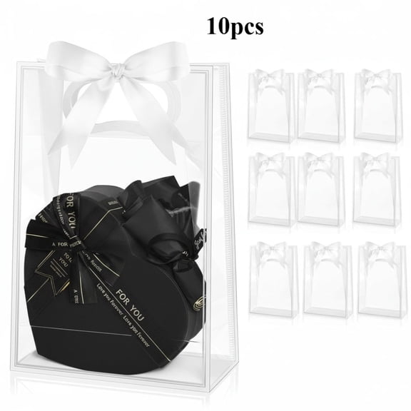 10 Pack Clear Plastic Gift Bags with Handles, Reusable Party Favor Bags with Ribbon for Birthday, Wedding, Bachelorette Party, 10.2 x 7.1 x 3.1 Inch (White)