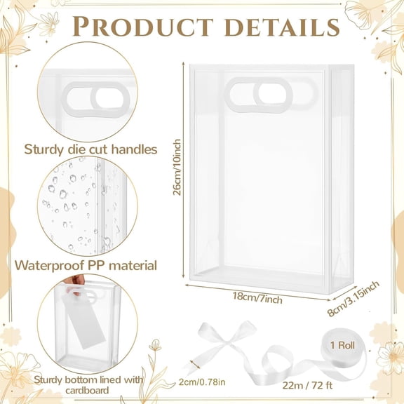 10-Pack Clear Plastic Gift Bags with Die-Cut Handles Reusable PP Tote Bags with Ribbon for Weddings, Parties, Retail & Floral Arrangements