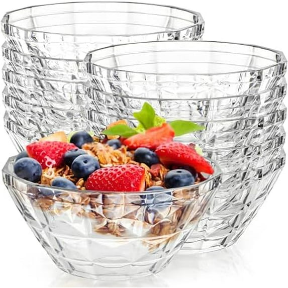 10 Pack Clear Plastic Serving Bowls, 13 Oz Thick Argyle Round Salad Bowl Set for Party, Small Heavy Duty Candy Bowl for Wedding, Salad, Fruit, Cereal, Desserts, Snack, BPA Free