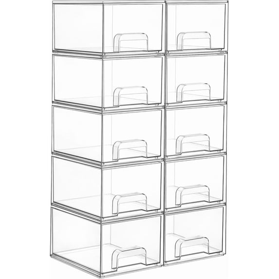 10 Pack Clear Stackable Storage Drawers, 4.4'' Tall Acrylic Bathroom Makeup Organizer,Plastic Storage Bins For Vanity, Undersink, Kitchen Cabinets, Pantry, Home Organization