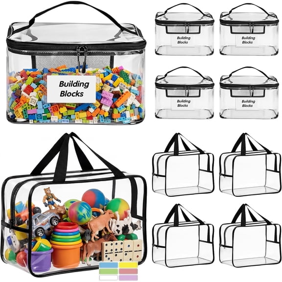 10 Pack Clear Toy Storage Bags with Labels, 2 Style Reusable PVC Organizer Bags with Zipper and Manual Pocket for Building Blocks, Board Games, Puzzles, Kids Books, Classroom and Travel Storage
