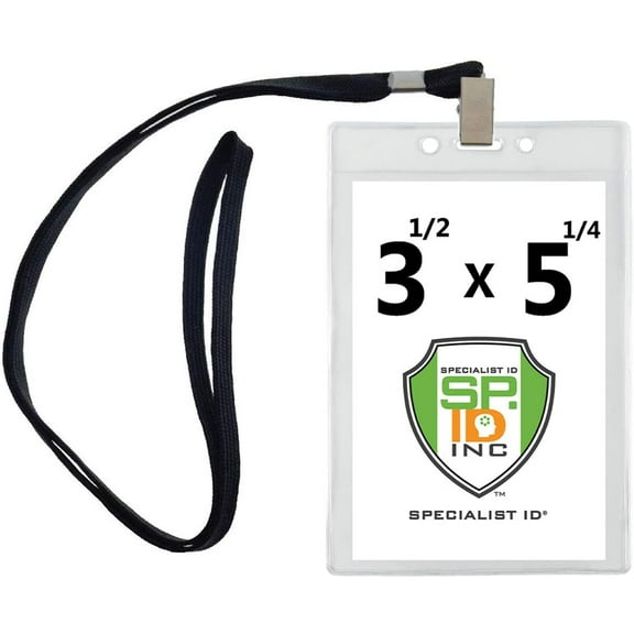 10 Pack - Clear Vertical Large Credential ID Badge Holders (3 1/2 x 5 1/4) with Bulldog Clip Lanyards by Specialist ID (4x6 Outside) (Black)
