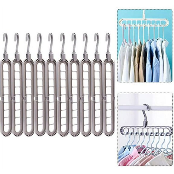 10 Pack Closet Organizers and Storage, Space Saving Hangers Clothes Hangers, Space Saver Sturdy Plastic Hangers with 9 Holes for College Dorm Room Essentials ,Gray