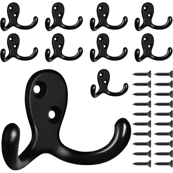 10 Pack Coat Hooks Wall for Hanging, Heavy Duty Double Prong Metal Hook Mounted Living Room, Bathroom, Kitchen, Bedroom Coat, Bag, Scarf, Towel, Hat, Key, Cup (Black)