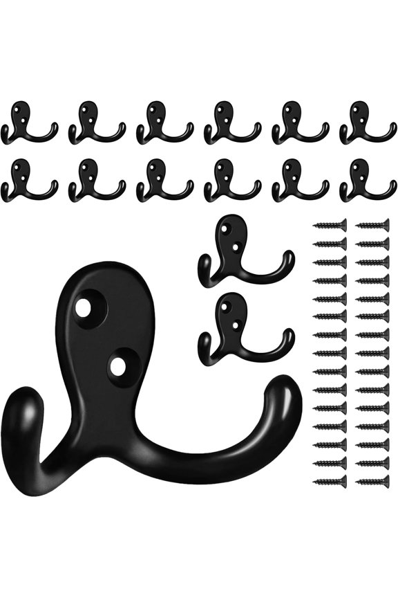 10 Pack Coat Hooks Wall Hooks for Hanging, Heavy Duty Double Prong Metal Hook Wall Mounted for Living Room, Bathroom, Kitchen, Bedroom for Coat, Bag, Scarf, Towel, Hat, Key, Cup (Black)