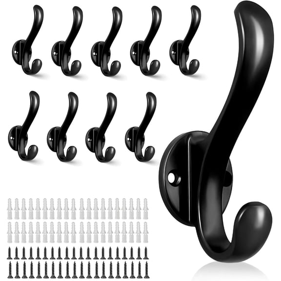 10 Pack Coat Hooks Wall Mount Heavy Duty Utility Retro Double Hooks for Hanging Coats,Hat, Towel, Key, Robe, Scarf, Bag, Cap (Black)