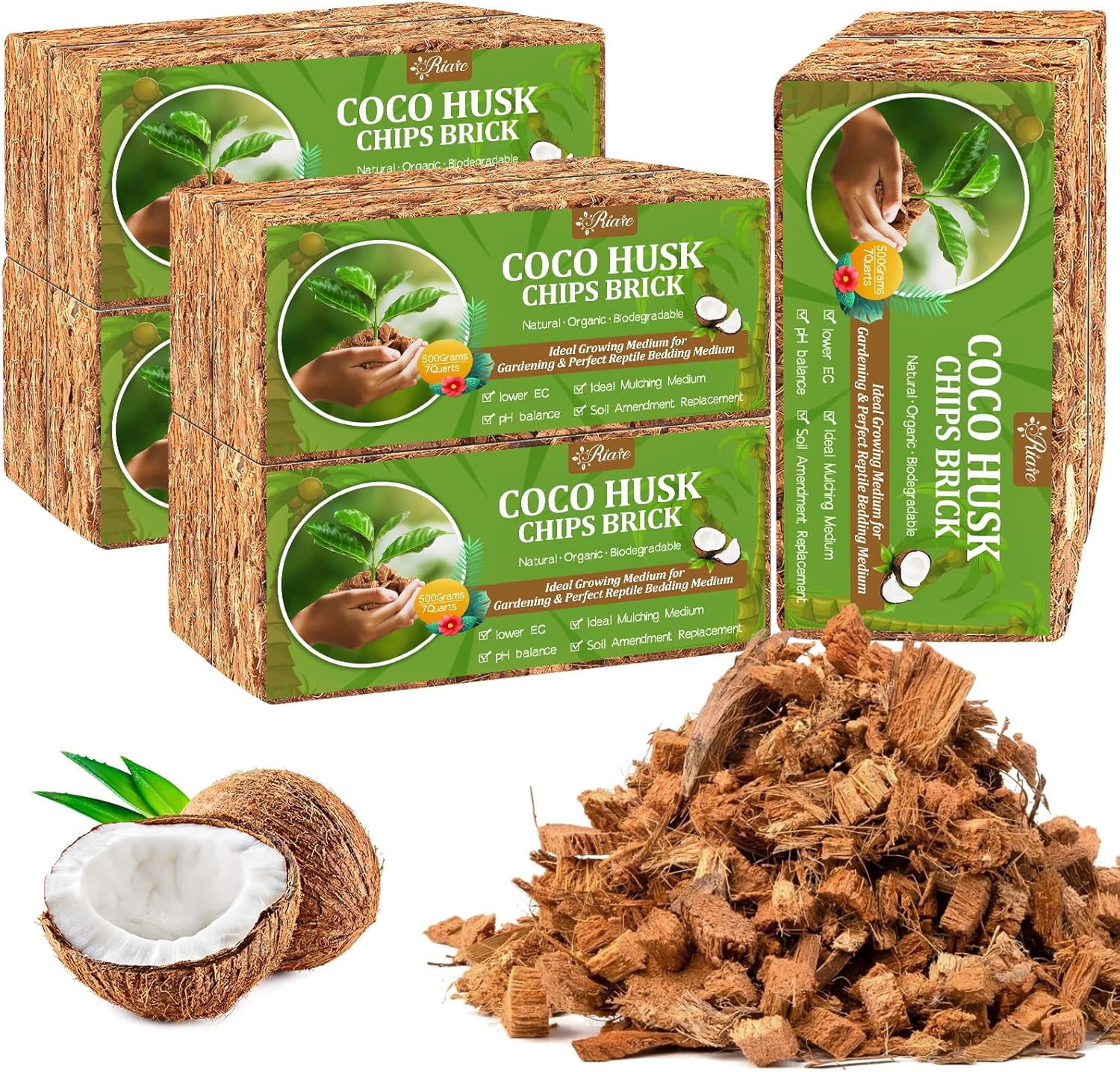 10 Pack Coco Chips Substrate for Plants- 11lb 100% Organic Coconut Husk Brick with Low EC and pH Balanced, High Expansion Coconut Substrate Coco Husk Mulch for Garden Flowers, Herbs, Planting