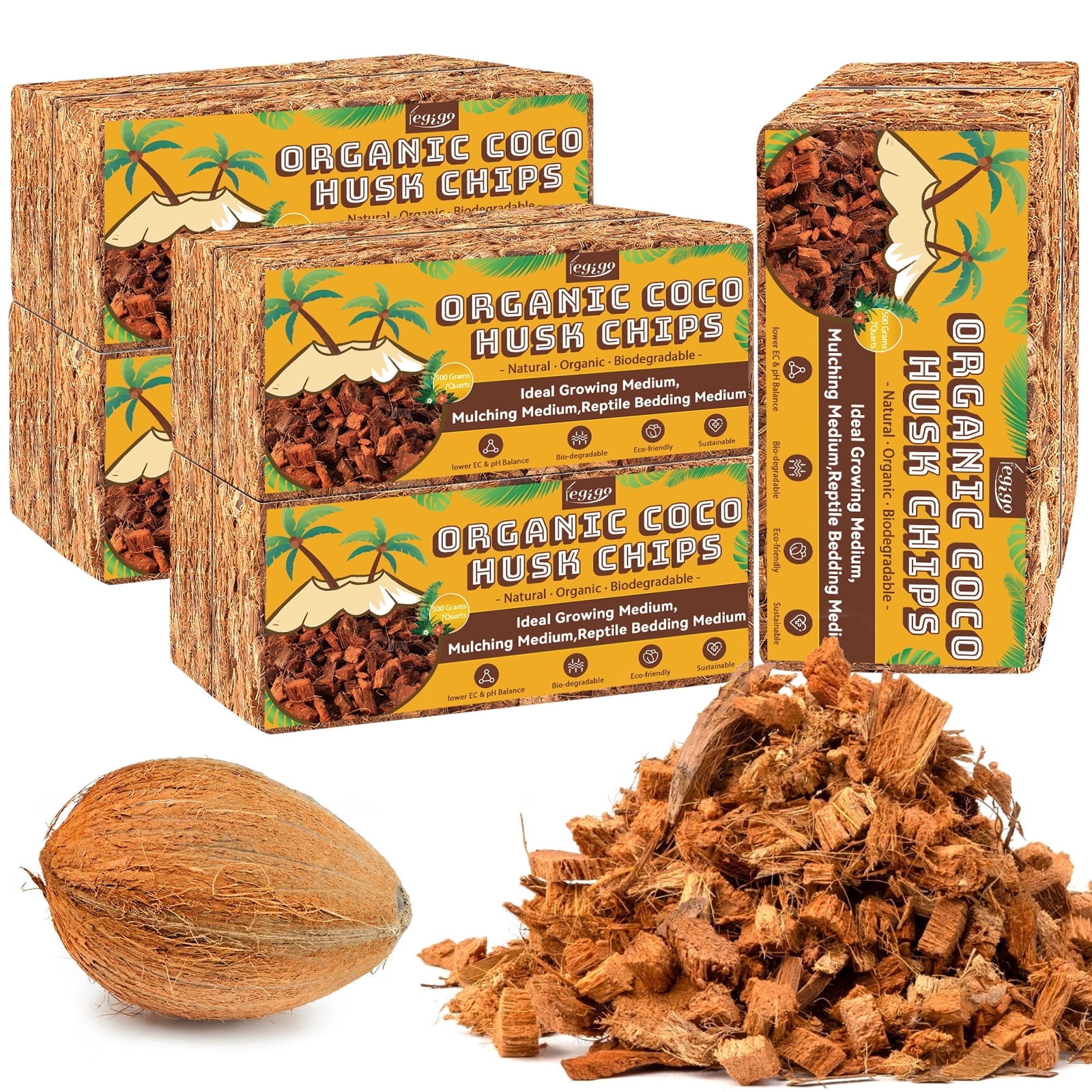 10 pack Coco Husk Chips- 100% Organic Coconut Coir Chips Brick Potting Soil Mix with Low EC & PH Balance, Compressed Coconut Substrate Coco Chips Mulch Medium for Garden, Flowers, Plants