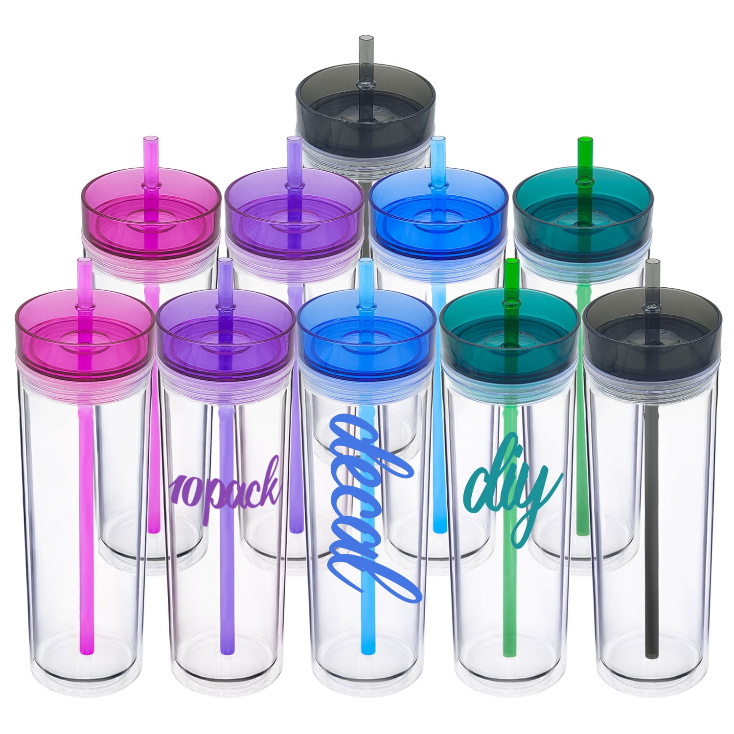10 Pack Colored Skinny Acrylic Tumblers with Lids and Straws 16oz
