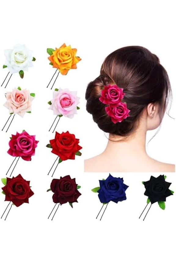10 Pack Colorful Wedding Bridal Red Rose Flower Hair Pins U-shaped Floral Hair Clips Formal Prom Party Decorative Bobby Pins Hair Accessories for Women Girls Brides Bridesmaids (Multi Colors)