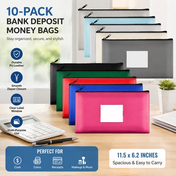 10-Pack Colorful Zippered Deposit Money Bags with Labels, Leather Wallet Pouches for Cash, Coins, Makeup, Bills, Tools, 11.5x6.2 Inches