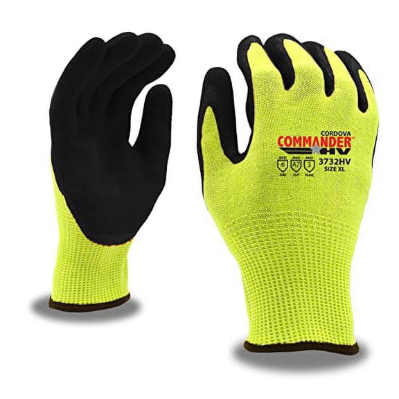 10-Pack of Cordova 3732HVXL Commander Hv 13-Gauge Work Gloves, Hi-Vis Yellow HPPE/Glass/Steel Shell, Red Sandy Nitrile Palm Coating, ANSI Cut Level A7, X-Large