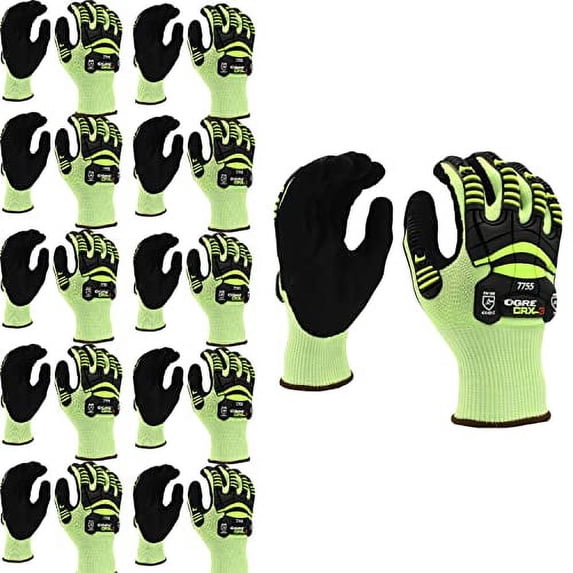 10-Pack of Cordova 7755M OGRE Crx-3 Work Gloves, 15G Hi-Vis Green Crx Fiber (No Glass Or Steel), Black Sandy Nitrile Palm Coating, Sonic Welded TPR, ANSI Cut Level A3, Medium