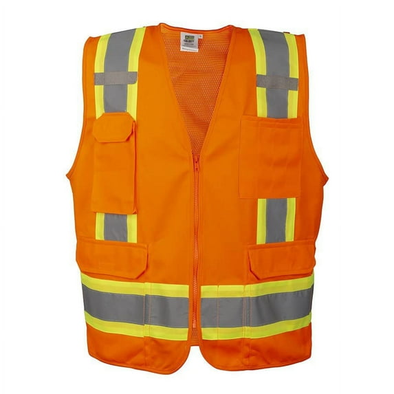 10-Pack of Cordova VS285-L Type R, Class II, Orange Surveyors Vest, Solid Front And Mesh Back, Two-Tone Contrasting Trim/Reflective Stripes, Zipper Closure, Pockets, Dual Mic Tabs, Large