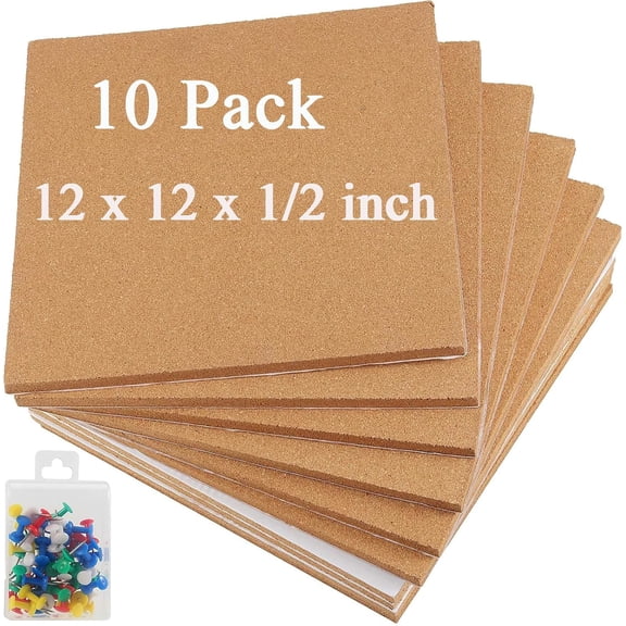 10 Pack Cork Board Tiles, 12 x 12 x 1/2 inch Bulletin Board Cork Panels, Cork Tiles with Self Adhesive for Wall Pictures, Notes, Office, Room, Home Decor