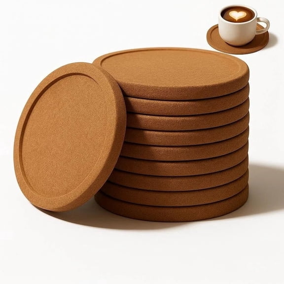 10-Pack Cork Coasters, 4 Inch Absorbent Reusable Beverage Coasters with Lip, Heat Resistant Non-Slip Cup Pads for Glasses Mugs, Natural Wood Table Protectors