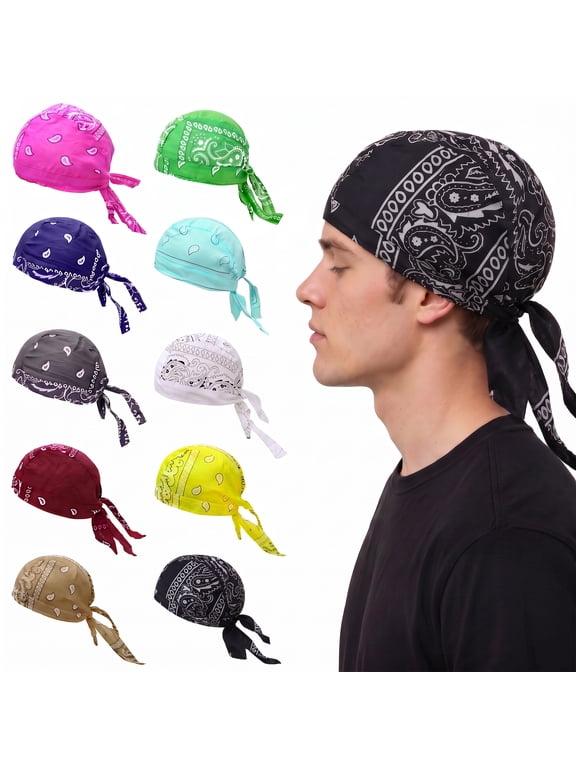 10 Pack Cotton Paisley Printed Pirate Head Wraps, Breathable Cycling Skull Caps, Hip Hop Tie Bandana Headscarves for Outdoor Sports