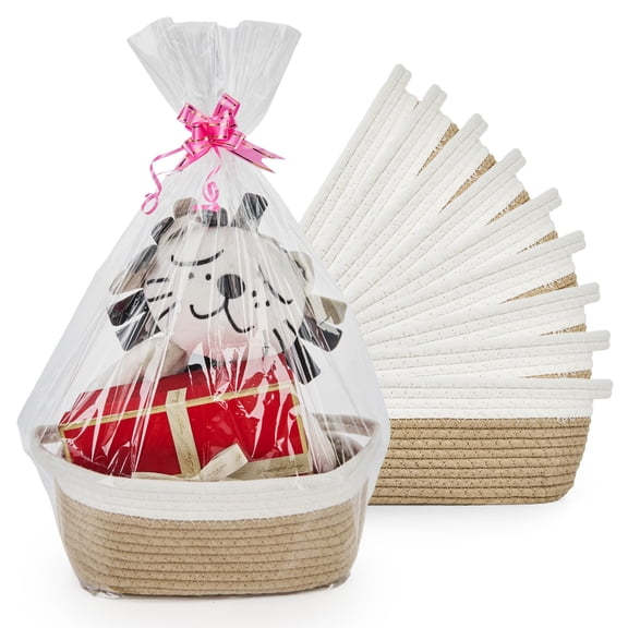 10-Pack Cotton Rope Woven Storage Baskets with Handles – Khaki & White Empty Gift Baskets for Home Organization, Gifting & Decor, 12x8x5 Inches