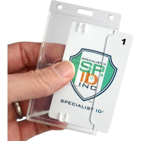 10 Pack - Crystal Clear Heavy Duty Badge Holder - Vertical Hard Plastic ID Badge Holder for Badges - Rigid Case Single I'd Protector Access Card Holder for Lanyards, Clips & Reels by Specialist ID