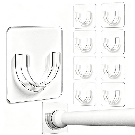 10 Pack Curtain Rod Holders No Drilling, Adhesive Shower Rod Holder for Bathroom, Clear Tension Rod Holder for Windows, Wall