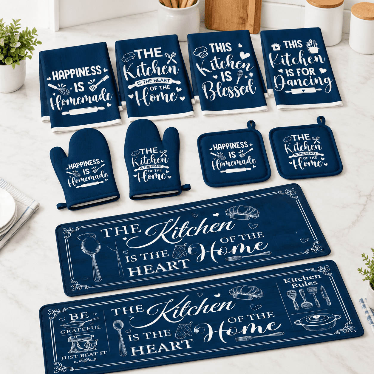 10 Pack Dark Blue Classic Farmhouse Kitchen Linen Set for Kitchen Decor ...