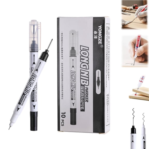 10 Pack Deep Hole Marker Pens with 20mm Long Nib, Long Reach Construction Markers for Wood Metal Concrete Plastic Glass, Carpenter Marking Pens with Built In Ruler