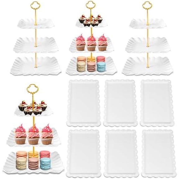 10 Pack Dessert Table Display Set - 4 x Three-Tier Square Cupcake Stands and 6 x Serving Trays, Elegant Tableware for Cakes, Cupcakes, Pastries, and Snacks, Perfect for Parties (White)