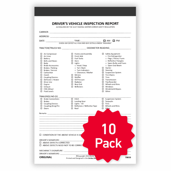 10 Pack Detailed Driver Vehicle Inspection Report Book - 2-Ply Carbonless, 5.5" x 8.5", 35 Sets of Forms Per DVIR Book, Pre-Trip Checklist Log for Truck Drivers, FMCSR Compliant with Easy Tear-Out